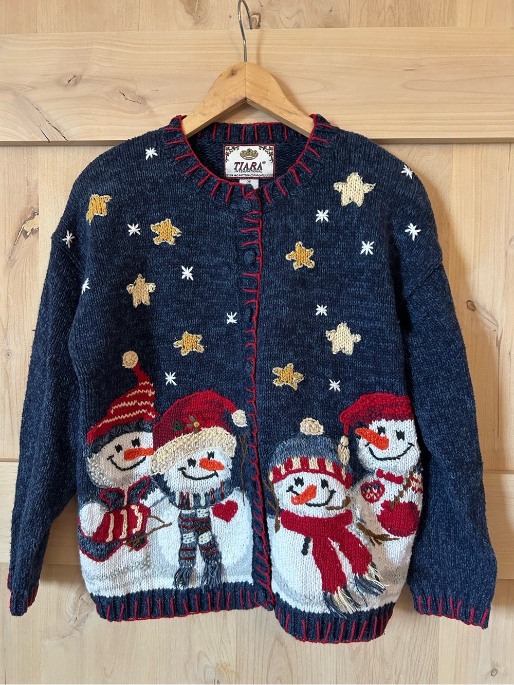 Tiara International 2000s Vintage Navy Snowman Knit Holiday Cardigan EUC, MED